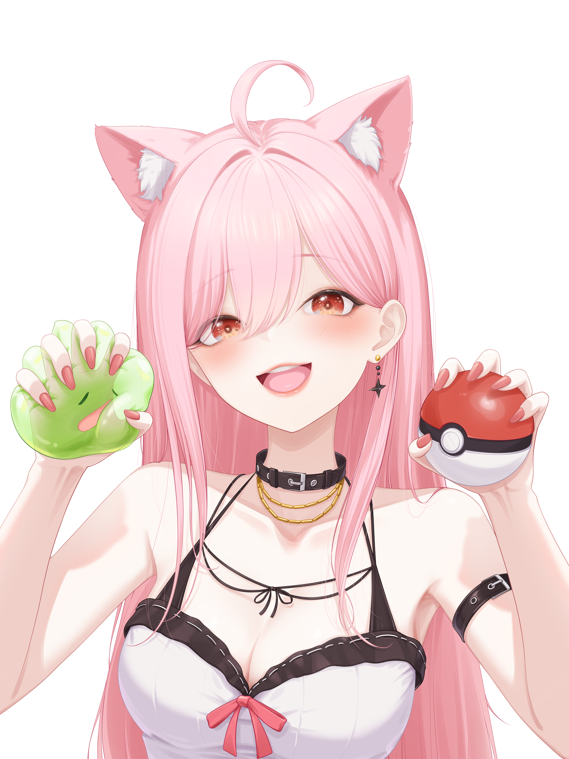 myomomoo, ellie (charon universe), charon universe, absurdres, hashtag-only commentary, highres, 1girl, ahoge, animal ears, arm belt, armpits, bare shoulders, black choker, breasts, cat ears, choker, cleavage, collarbone, extra ears, hands up, holding, holding poke ball, long hair, looking at viewer, medium breasts, nail polish, open mouth, pink hair, pink nails, poke ball, red eyes, shirt, simple background, sleeveless, sleeveless shirt, slime (creature), smile, solo, spaghetti strap, upper body, virtual youtuber, white background, white shirt