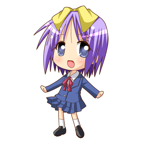 minami (colorful palette), hiiragi tsukasa, lucky star, lowres, 00s, blue eyes, chibi, hair ribbon, purple hair, ribbon, school uniform, serafuku, short hair, solo