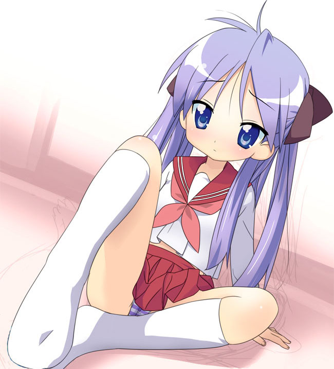 hiiragi kagami, lucky star, artist request, 00s, 1girl, blue eyes, feet, female focus, hair ribbon, kneehighs, panties, pleated skirt, purple hair, ribbon, school uniform, serafuku, skirt, socks, solo, striped clothes, striped panties, tsurime, twintails, underwear