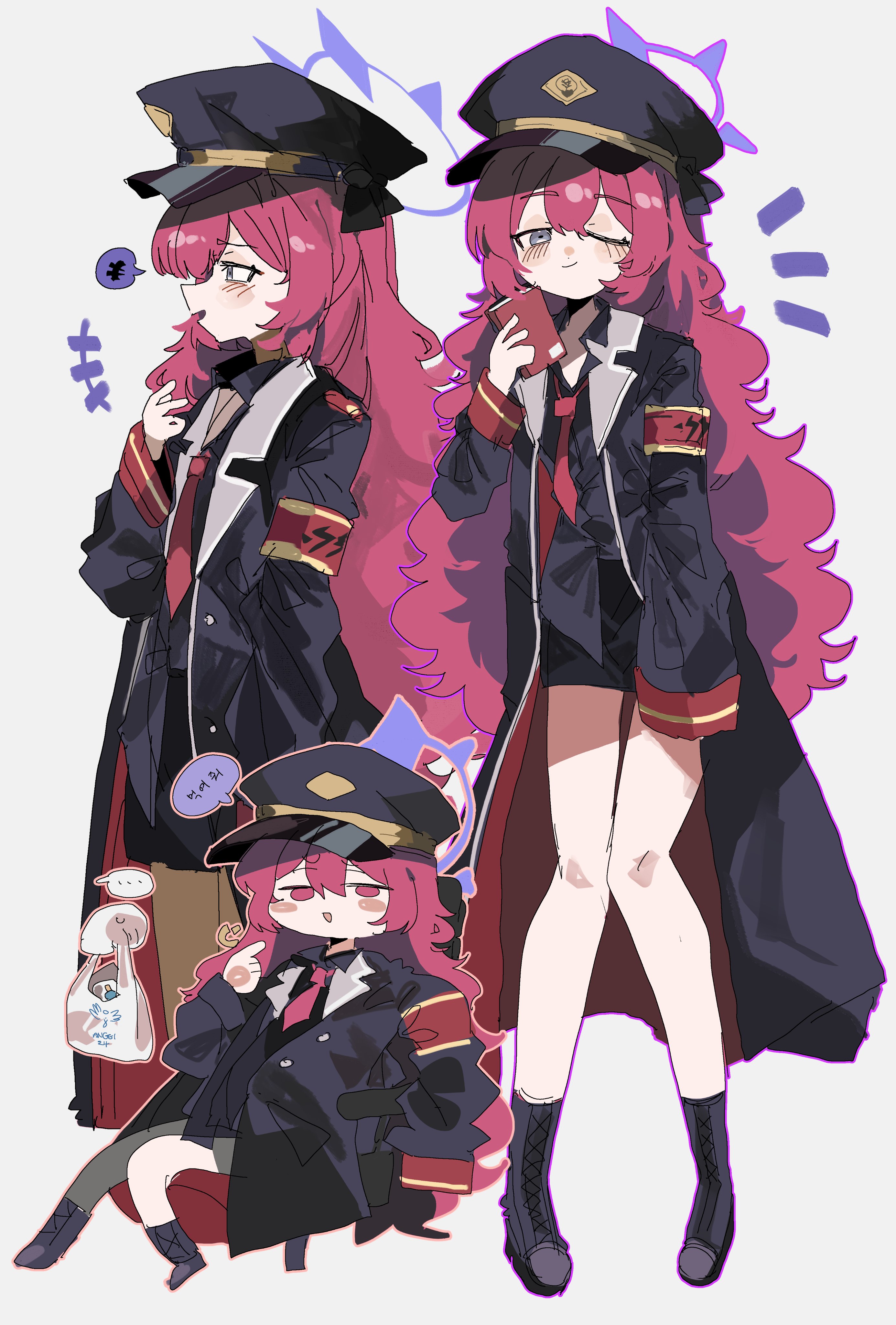 odmised, iroha (blue archive), blue archive, absurdres, highres, armband, black hat, black shirt, blush, chibi, grey eyes, hair between eyes, halo, hat, holding, holding notebook, jacket, long hair, long sleeves, looking at viewer, multiple girls, multiple views, necktie, notebook, one eye closed, open mouth, peaked cap, profile, red hair, red necktie, shirt, simple background, standing, very long hair, white background