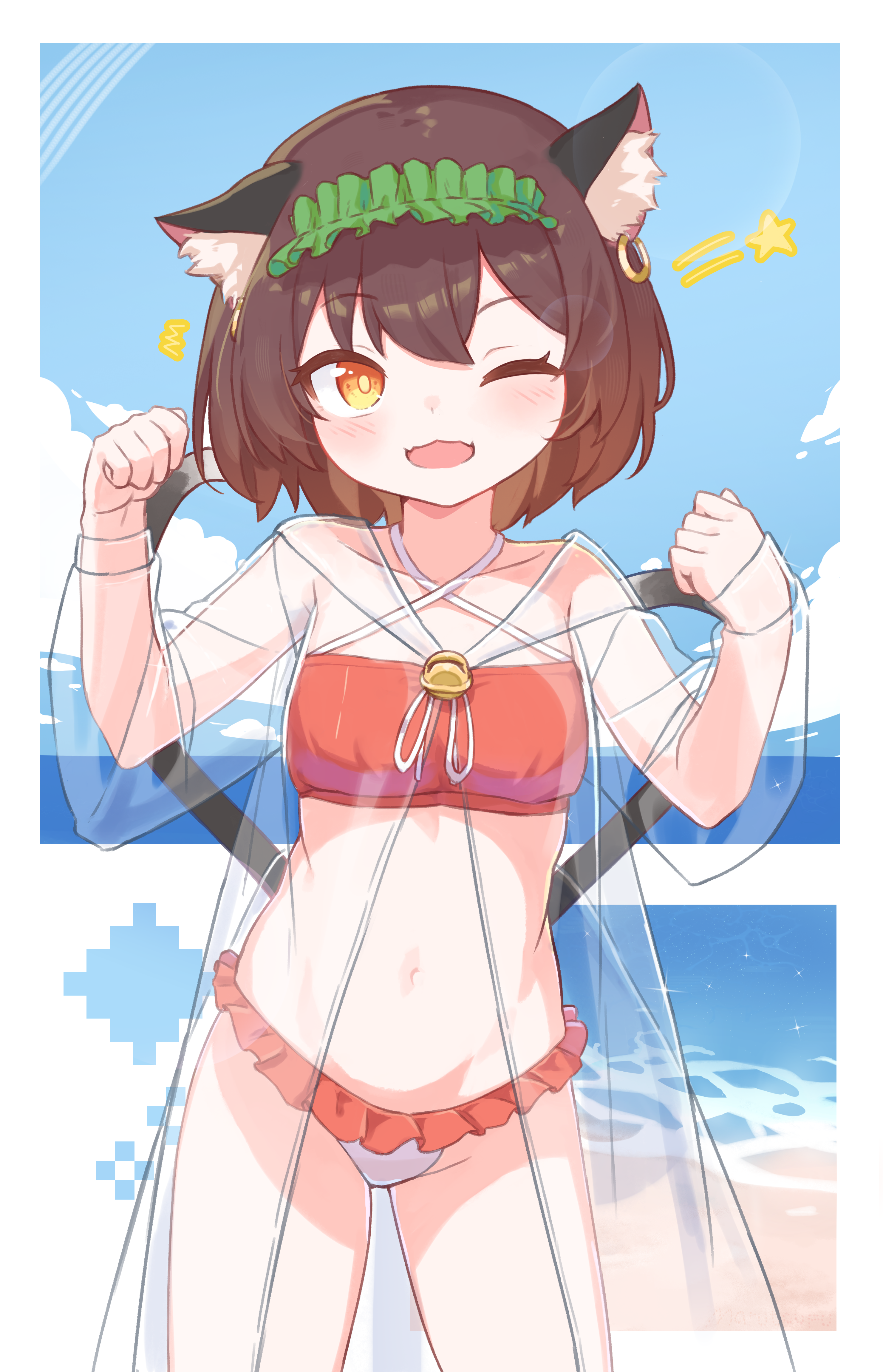 chen, touhou, absurdres, commentary request, highres, 1girl, :d, alternate costume, alternate headwear, animal ear fluff, animal ear piercing, animal ears, bell, blush, breasts, bright pupils, brown eyes, brown hair, cat ears, cat tail, contrapposto, cowboy shot, dot nose, double-parted bangs, dress, earrings, fangs, frills, hands up, jewelry, jingle bell, looking at viewer, marutoufu, multiple tails, navel, nekomata, one eye closed, open mouth, paw pose, see-through clothes, see-through dress, short hair, single earring, skin fangs, small breasts, smile, solo, star (symbol), swimsuit, tail, two tails