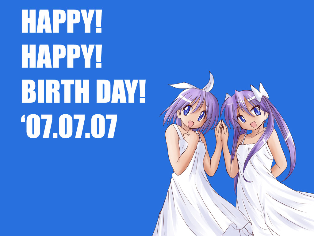 hiiragi kagami, hiiragi tsukasa, lucky star, tagme, 00s, 2girls, blue eyes, dress, hair ribbon, hairband, happy birthday, long hair, looking at viewer, multiple girls, open mouth, purple hair, short hair, sisters, standing, tongue, twins, twintails