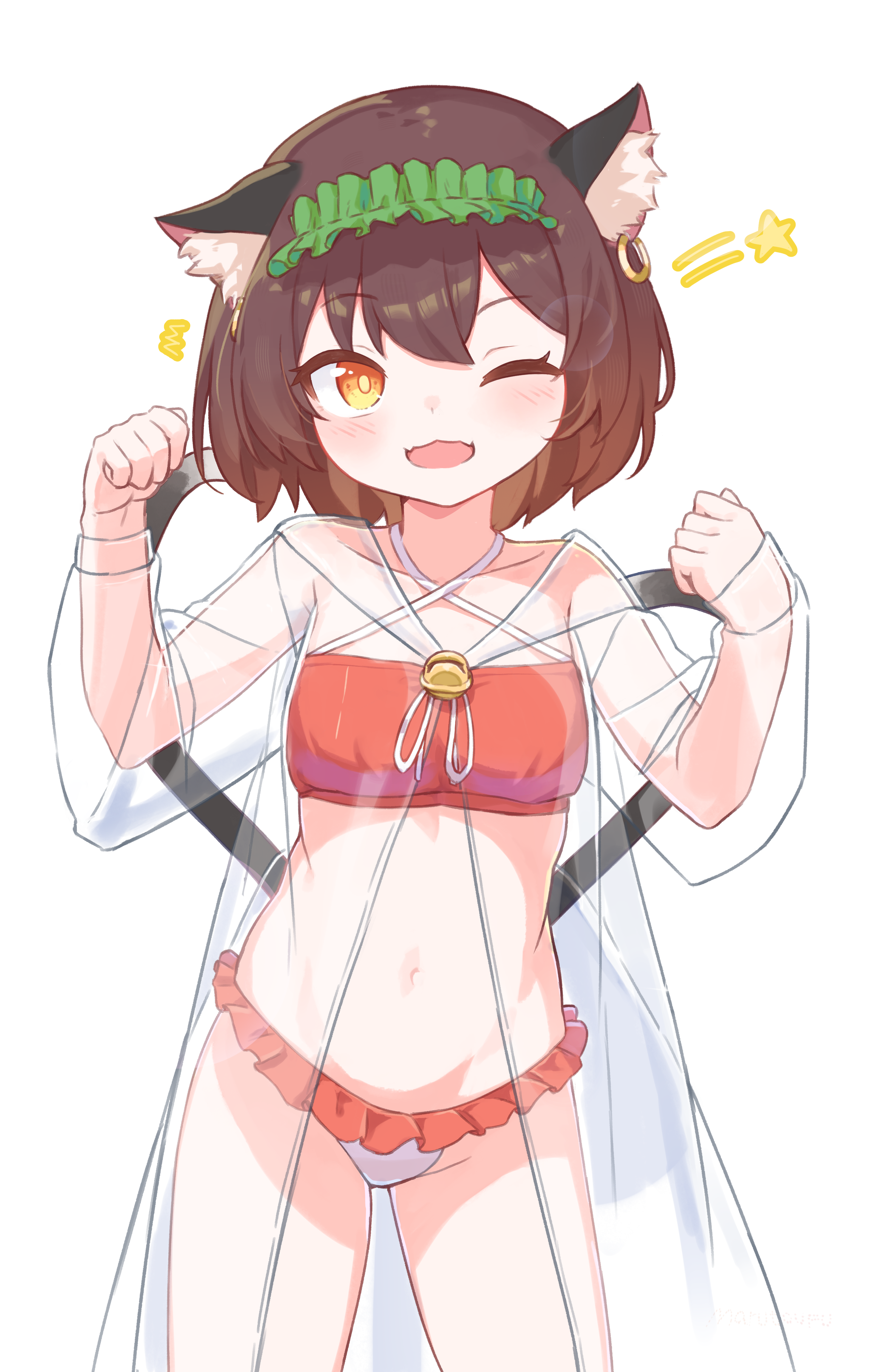 chen, touhou, absurdres, commentary request, highres, 1girl, :d, alternate costume, alternate headwear, animal ear fluff, animal ear piercing, animal ears, bell, blush, breasts, bright pupils, brown eyes, brown hair, cat ears, cat tail, contrapposto, cowboy shot, dot nose, double-parted bangs, dress, earrings, fangs, frills, hands up, jewelry, jingle bell, looking at viewer, marutoufu, multiple tails, navel, nekomata, one eye closed, open mouth, paw pose, see-through clothes, see-through dress, short hair, simple background, single earring, skin fangs, small breasts, smile, solo, star (symbol), swimsuit, tail, two tails, white background