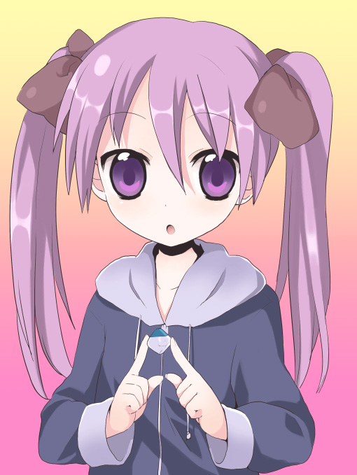 namori, hiiragi kagami, lucky star, 00s, 1girl, :o, female focus, hood, hoodie, purple eyes, purple hair, solo, twintails, upper body
