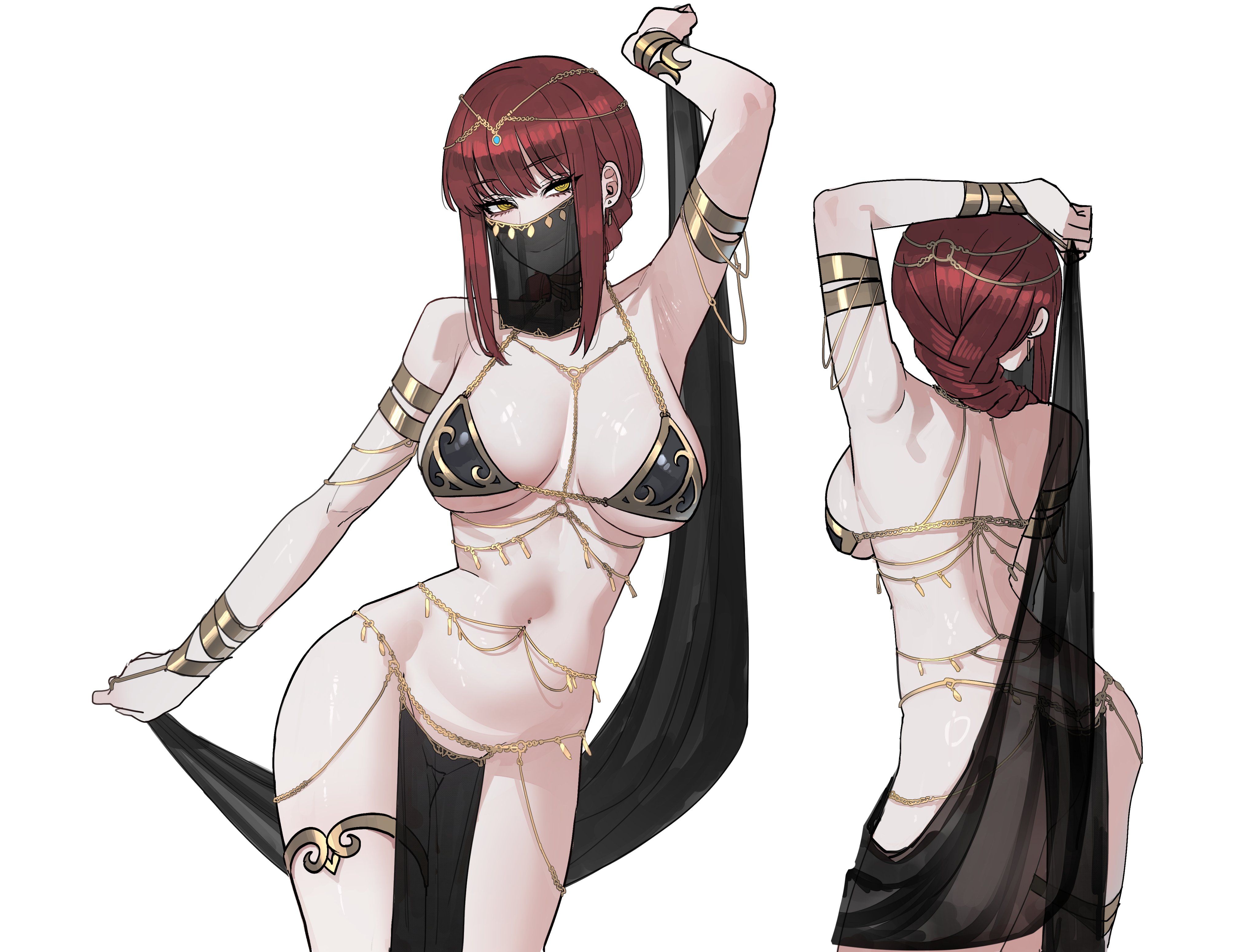 ratatatat74, makima (chainsaw man), chainsaw man, absurdres, highres, 1girl, alternate costume, arm up, armpits, ass, bare shoulders, belly chain, breasts, dancer, earrings, jewelry, large breasts, loincloth, long hair, mouth veil, multiple views, navel, navel piercing, orange eyes, piercing, red hair, shiny skin, simple background, smile, solo, veil, white background
