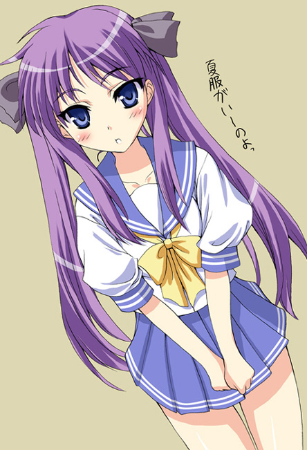 kawase seiki, hiiragi kagami, lucky star, translated, 00s, 1girl, blue eyes, blush, bow, female focus, hair ribbon, long hair, purple eyes, purple hair, ribbon, school uniform, serafuku, skirt, solo, twintails, v arms