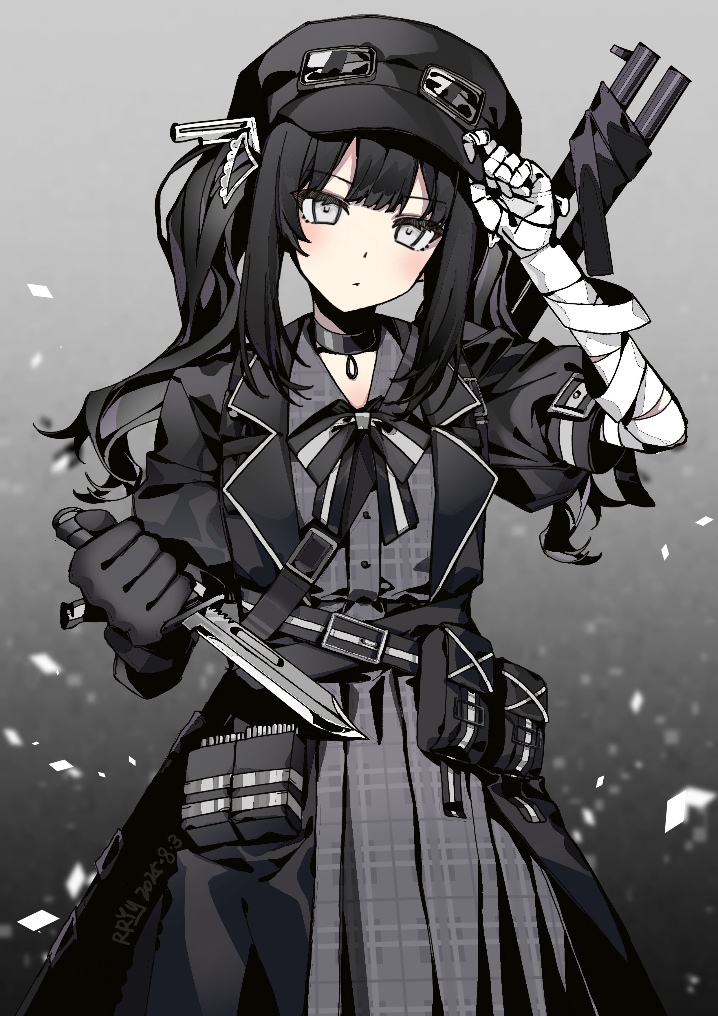 rryy, mahou shoujo no majo saiban, absurdres, chinese commentary, commentary request, highres, 1girl, ammunition pouch, assault rifle, bandaged arm, bandages, black coat, black gloves, black hair, black hat, blunt bangs, closed mouth, coat, combat knife, cowboy shot, dress, expressionless, gloves, goggles, goggles on headwear, gradient background, grey background, grey dress, grey eyes, gun, hand on headwear, hand up, hat, holding, holding knife, knife, kurobe nanoka, long hair, looking at viewer, magical girl, pleated dress, pouch, rifle, solo, standing, twintails, weapon, weapon on back