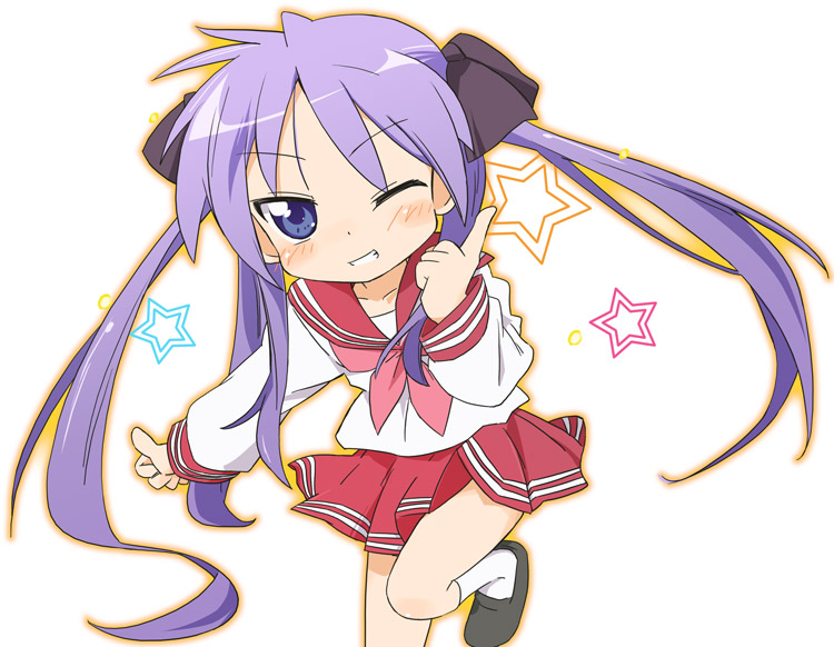 ixy, hiiragi kagami, lucky star, 00s, 1girl, ;d, blue eyes, blush, female focus, kneehighs, long hair, long sleeves, looking at viewer, one eye closed, open mouth, pink hair, pleated skirt, red skirt, sailor collar, school uniform, serafuku, simple background, skirt, smile, socks, solo, twintails, white background, white socks