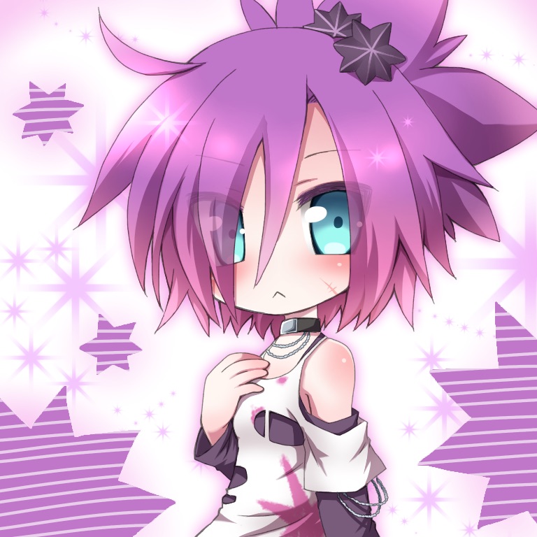 urchin alma, emil chronicle online, 1girl, bead necklace, beads, black collar, black shirt, blue eyes, blush, bow, chibi, clothing cutout, collar, from side, guillosno6, hair bow, hair over one eye, jewelry, necklace, ponytail, purple bow, purple hair, scar, scar on face, shirt, shoulder cutout, solo, spiked hair, torn clothes, torn shirt, upper body, white shirt