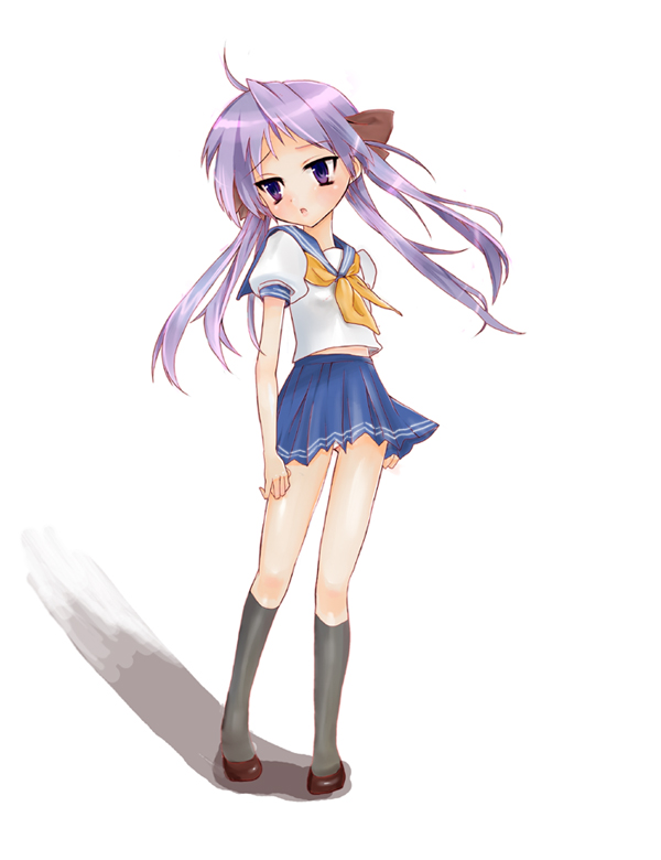 asano miu, hiiragi kagami, lucky star, duplicate, 00s, blue eyes, long hair, panties, pantyshot, purple hair, school uniform, serafuku, simple background, solo, twintails, underwear, white background