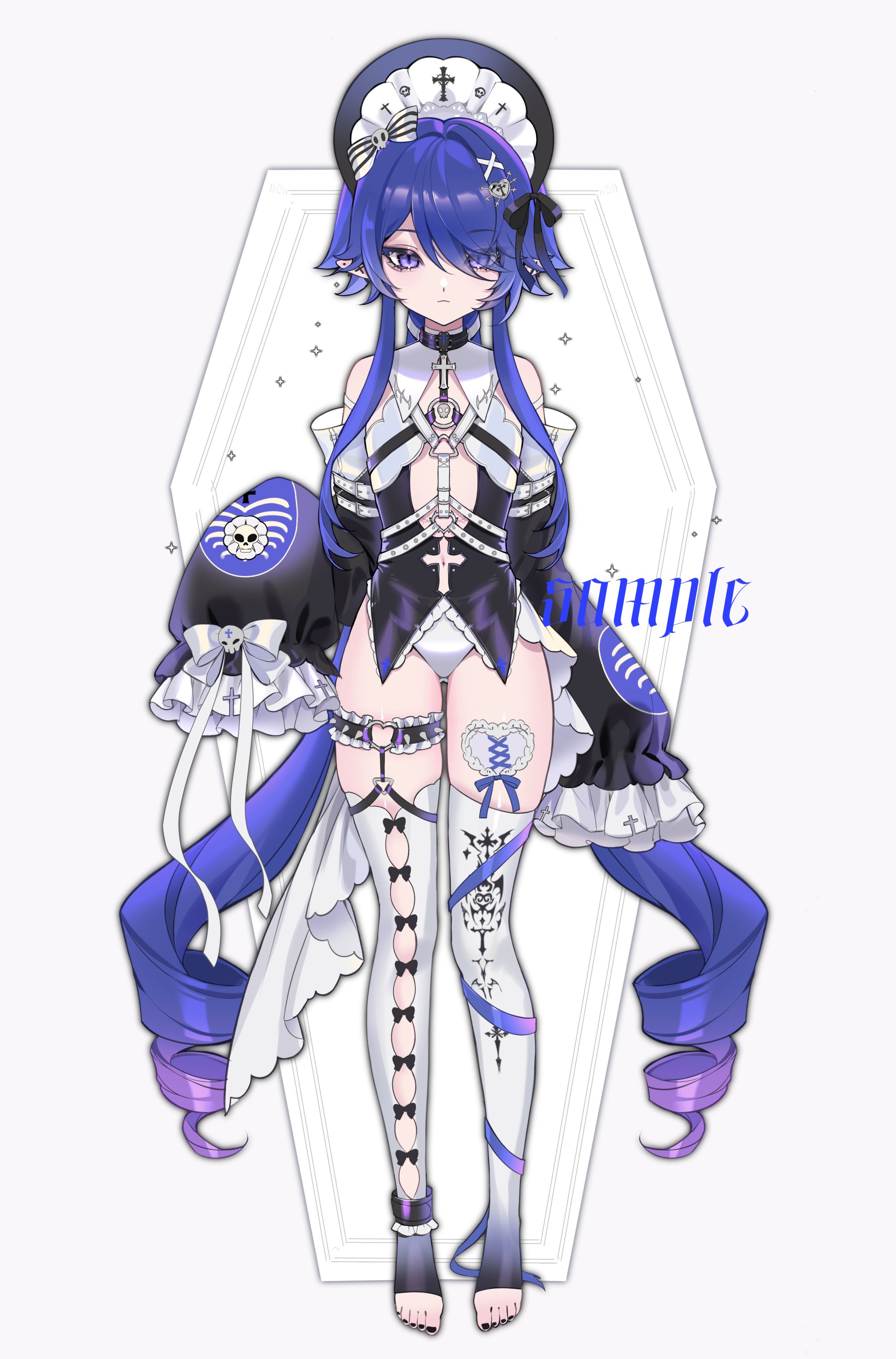 saga666, original, absurdres, commentary, english commentary, highres, 1girl, asymmetrical legwear, bare shoulders, black choker, black dress, black nails, blue eyes, blue hair, bow, choker, closed mouth, clothing cutout, cross, cross choker, cross cutout, dress, ear piercing, flat chest, frilled sleeves, frills, full body, hair bow, hair ornament, hair over one eye, heart, heart hair ornament, latin cross, long hair, long sleeves, looking at viewer, mismatched legwear, nail polish, navel cutout, panties, parted bangs, piercing, pointy ears, sample watermark, simple background, skull print, sleeves past fingers, sleeves past wrists, solo, stirrup legwear, straight-on, swept bangs, thighhighs, toeless legwear, toenail polish, toenails, twintails, underwear, very long hair, watermark, white background, white bow, white panties, white thighhighs, x hair ornament