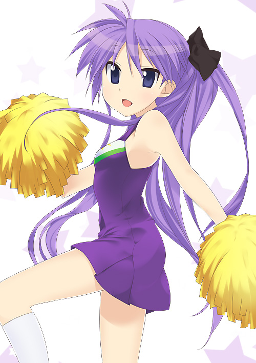 mizuki makoto, hiiragi kagami, lucky star, 00s, 1girl, :d, armpits, bare shoulders, blue eyes, cheerleader, dress, female focus, hair ribbon, leg up, looking at viewer, open mouth, pom pom (cheerleading), purple dress, purple hair, ribbon, sleeveless, sleeveless dress, smile, solo, standing, standing on one leg, twintails