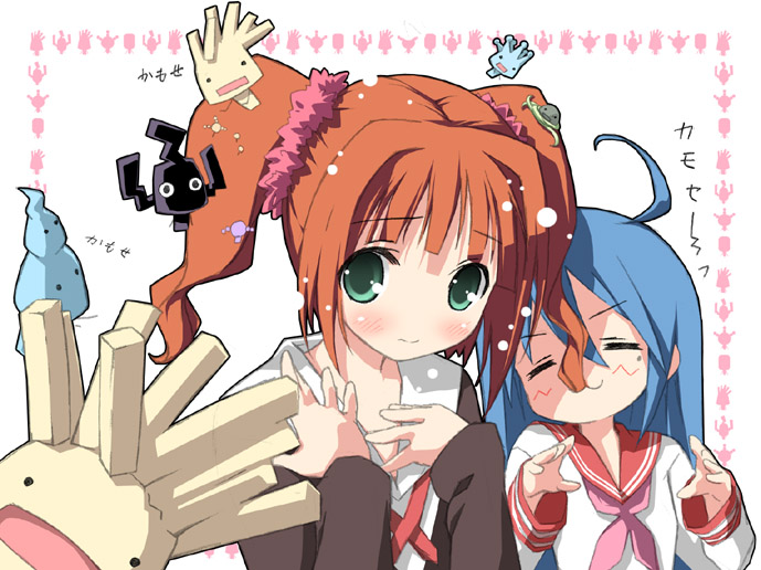 kantoku, izumi konata, takatsuki yayoi, idolmaster, idolmaster (classic), idolmaster 1, lucky star, moyashimon, 00s, 2girls, ahoge, blue hair, collarbone, crossover, hair ornament, hair scrunchie, hand on own chest, long sleeves, mole, mole under eye, multiple girls, neckerchief, pink neckerchief, red hair, sailor collar, school uniform, scrunchie, serafuku, simple background, twintails, upper body, white background