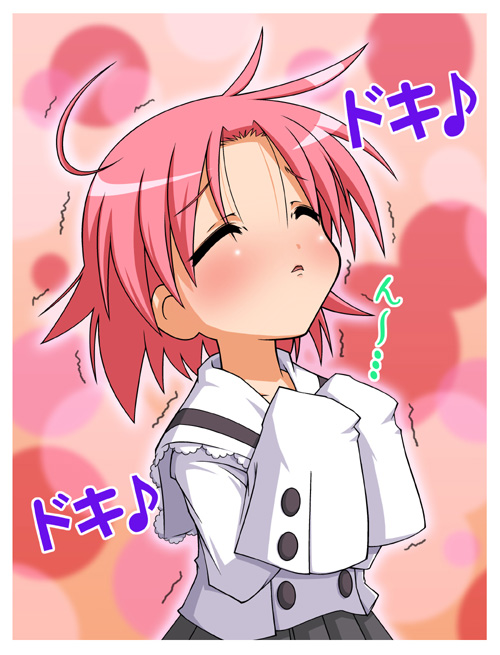 fujimoto akio, kogami akira, lucky star, 00s, oversized clothes, pink hair, school uniform, serafuku, solo