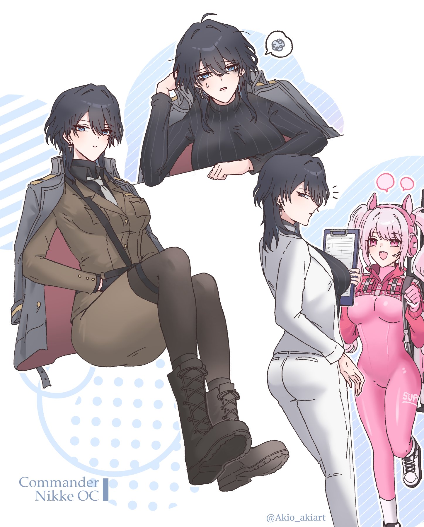 alice (nikke), female commander (nikke), goddess of victory: nikke, commentary, english commentary, highres, 2girls, akio ocart, animal ears, belt, black belt, black boots, black gloves, black hair, black shirt, black sweater, black thighhighs, blue eyes, blush, bodysuit, boots, breasts, brown jacket, character name, clipboard, closed mouth, cropped torso, cross, cross earrings, earrings, fake animal ears, from behind, full body, gloves, grey necktie, headphones, headset, holding, holding clipboard, jacket, jacket on shoulders, jewelry, large breasts, latex, latex bodysuit, long hair, looking at viewer, medium hair, military jacket, military uniform, multiple girls, multiple views, necktie, open mouth, pants, parted lips, pink bodysuit, pink eyes, pink gloves, shirt, shoes, skin tight, smile, sneakers, standing, standing on one leg, sweater, teeth, thighhighs, turtleneck, turtleneck sweater, twintails, twitter username, upper teeth only, white jacket, white pants, white shoes