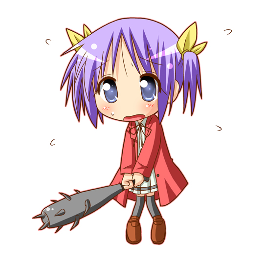 minami (colorful palette), hiiragi tsukasa, mitsukai dokuro, bokusatsu tenshi dokuro-chan, lucky star, 1girl, blush, club, club (weapon), cosplay, crossover, dokuro (cosplay), excalibolg, female focus, kanabou, mitsukai dokuro (cosplay), parody, solo, spiked club, sweat, weapon