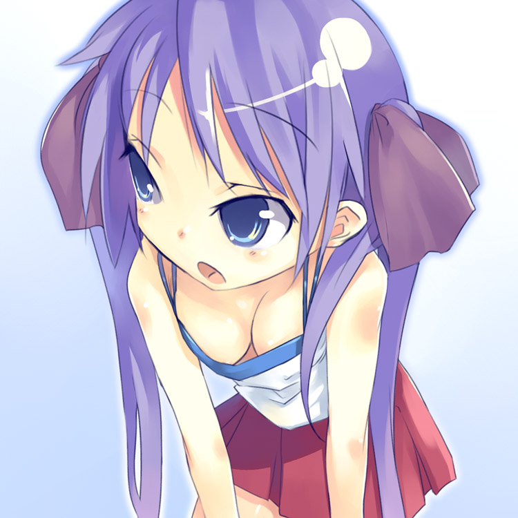 mikage sekizai, hiiragi kagami, lucky star, 00s, 1girl, blue eyes, blush, breasts, camisole, cleavage, downblouse, female focus, purple hair, ribbon, school uniform, serafuku, skirt, solo, twintails