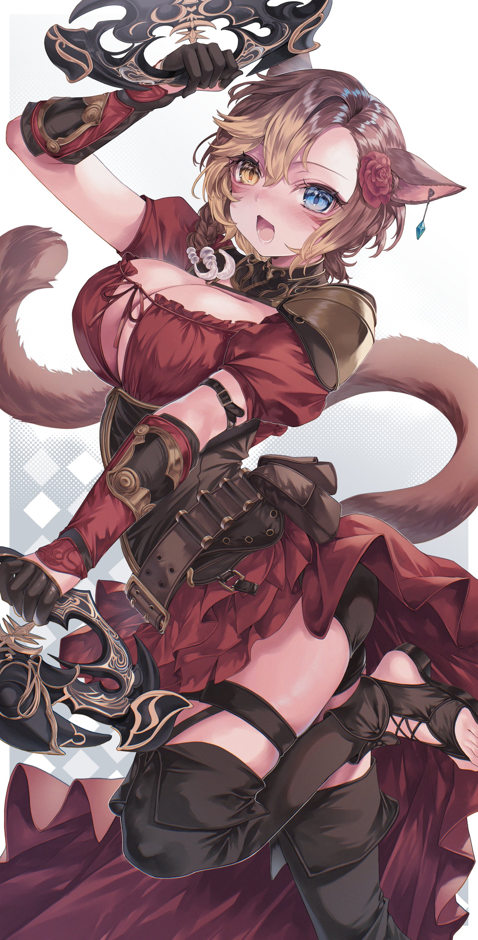 hime gyo, dancer (final fantasy), warrior of light (ff14), final fantasy, final fantasy xiv, absurdres, highres, 1girl, animal ears, armor, black gloves, blue eyes, boots, breasts, brown hair, cat ears, cat girl, cat tail, chakram, cleavage, dress, earrings, facial mark, gloves, heterochromia, holding, holding weapon, jewelry, looking at viewer, miqo'te, open-toe boots, open mouth, pauldrons, red dress, short hair, shoulder armor, single pauldron, solo, tail, thigh boots, toes, weapon, whisker markings, yellow eyes