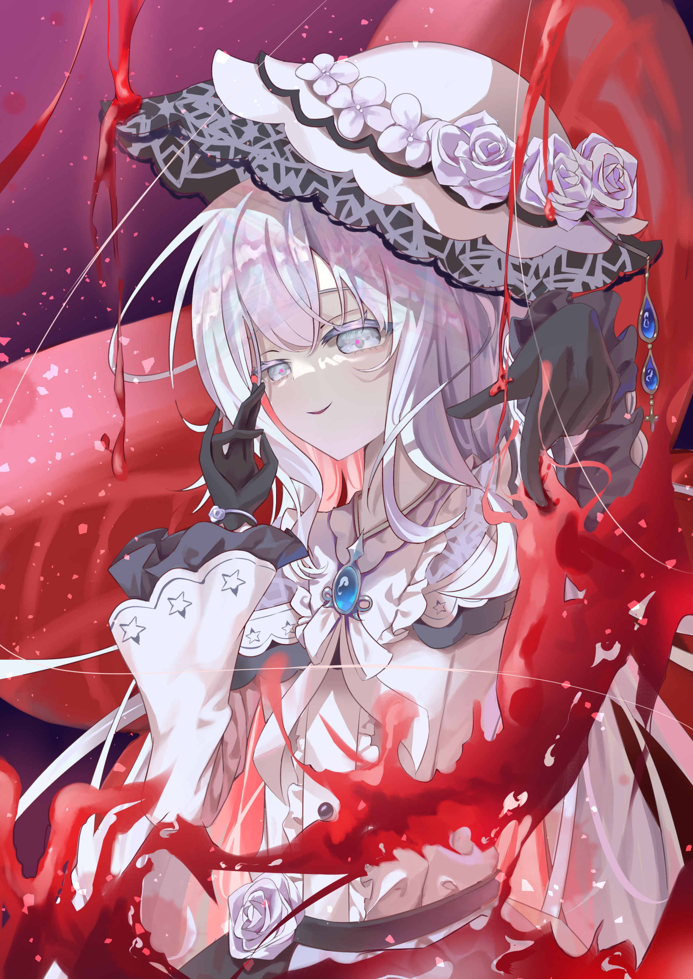 yoshicon, mahou shoujo no majo saiban, absurdres, commentary, highres, spoilers, 1girl, ambiguous red liquid, black gloves, dress, flower, flower ornament, frilled dress, frilled sleeves, frills, gloves, hand on own face, hat, hat flower, lolita fashion, long hair, parted lips, pink pupils, pointing, pointing down, rose, smile, solo, tsukishiro yuki, upper body, very long hair, white dress, white eyes, white flower, white hair, white hat, white rose