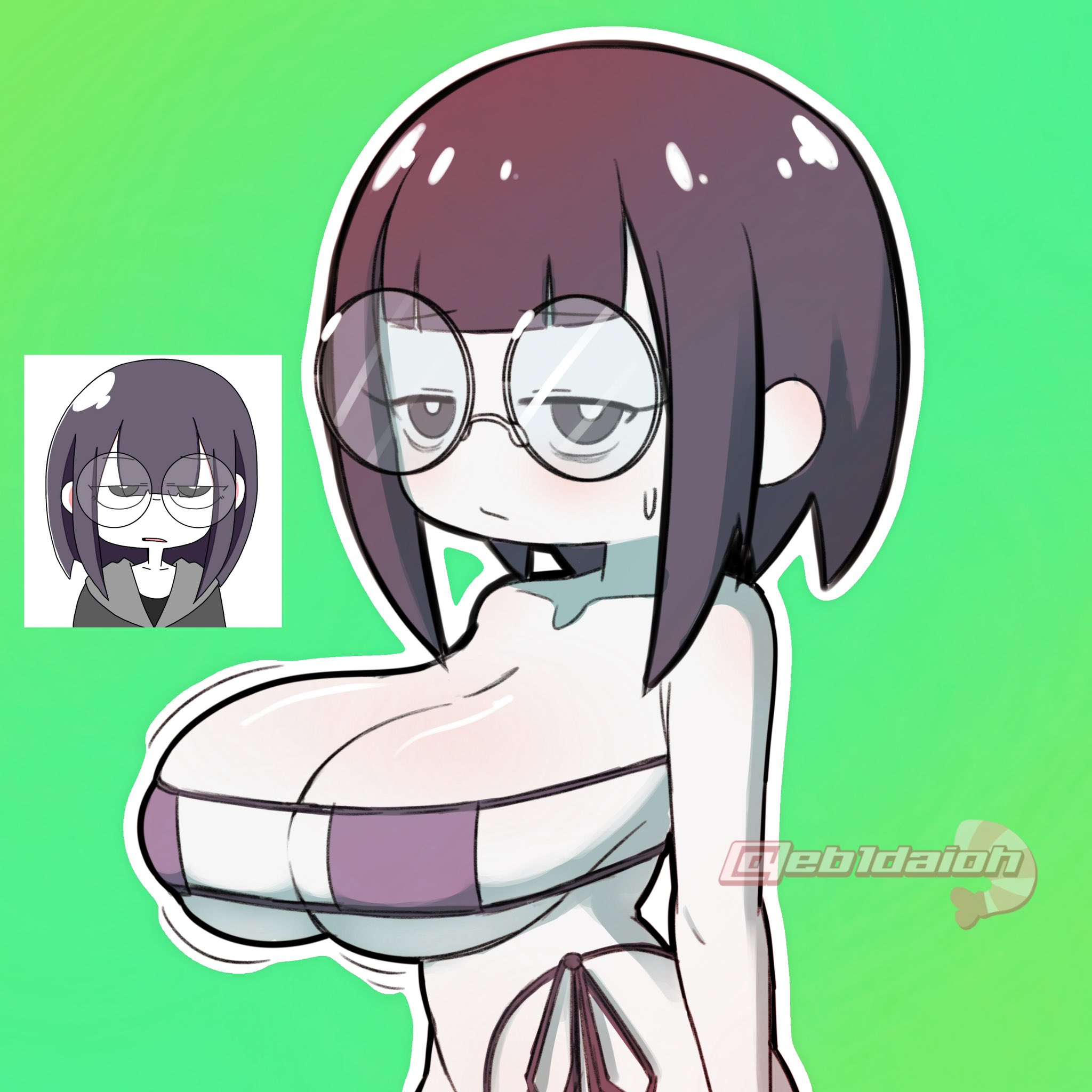 madmex, original, 1girl, bare shoulders, bikini, borrowed character, breasts, bright pupils, cleavage, closed mouth, collarbone, glasses, green background, large breasts, light blush, outline, purple eyes, purple hair, reference inset, round eyewear, simple background, solo, sweatdrop, swimsuit, watermark, white outline, white pupils