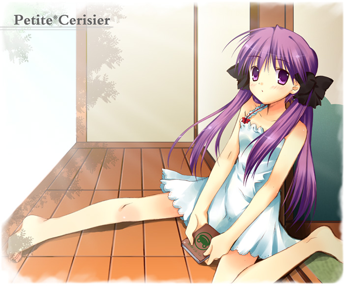 sakura hanpen, hiiragi kagami, lucky star, 00s, 1girl, barefoot, dress, feet, female focus, hair ribbon, porch, purple eyes, purple hair, ribbon, sitting, solo, veranda, white dress