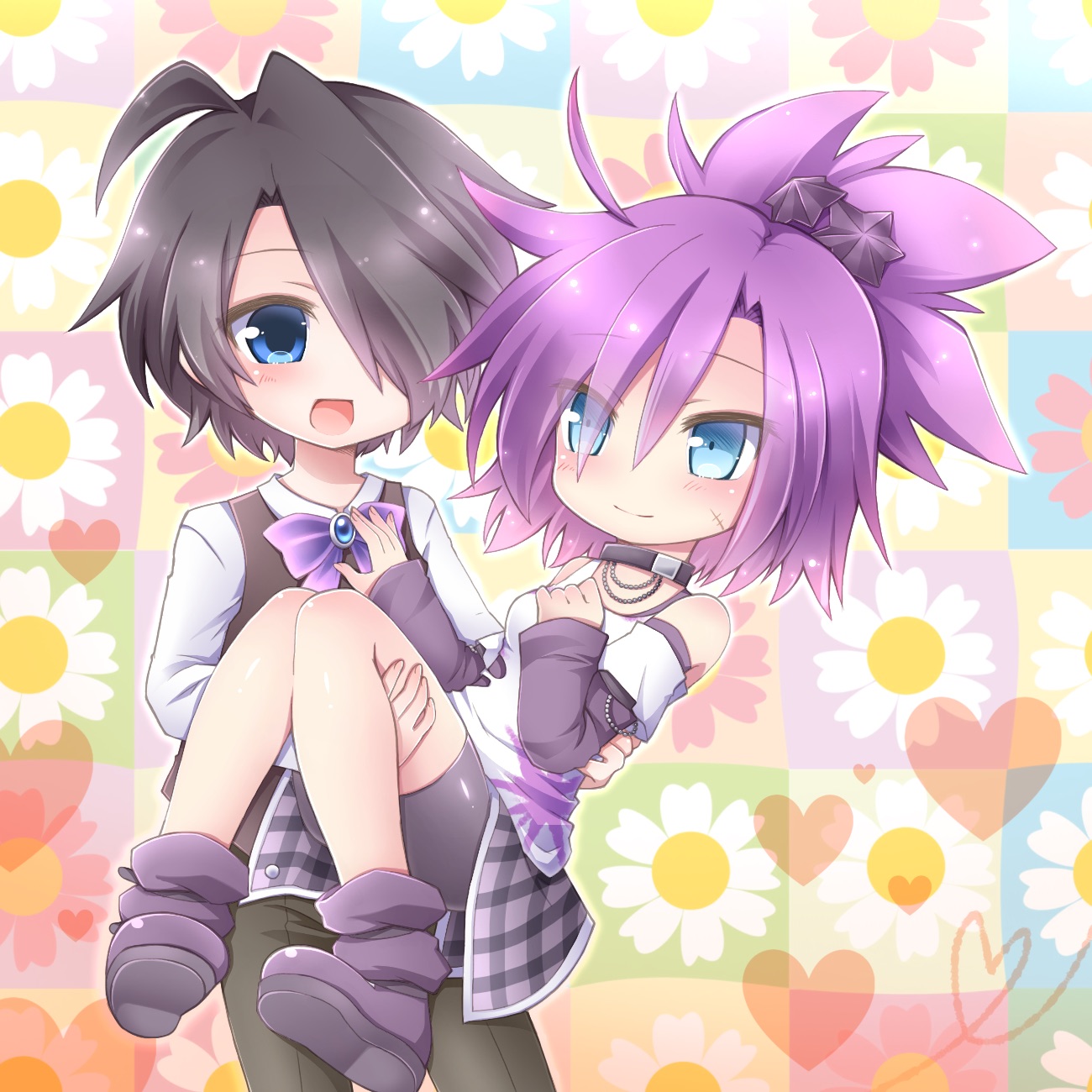 urchin alma, emil chronicle online, highres, 1boy, 1girl, ahoge, bead necklace, beads, bike shorts, black collar, black hair, black pants, black sleeves, blue eyes, blush, boots, carrying, clothing cutout, collar, floral background, guillosno6, hair over one eye, jewelry, necklace, open mouth, pants, ponytail, princess carry, purple boots, purple hair, scar, scar on face, shirt, shoulder cutout, showgirl skirt, spiked hair, white shirt