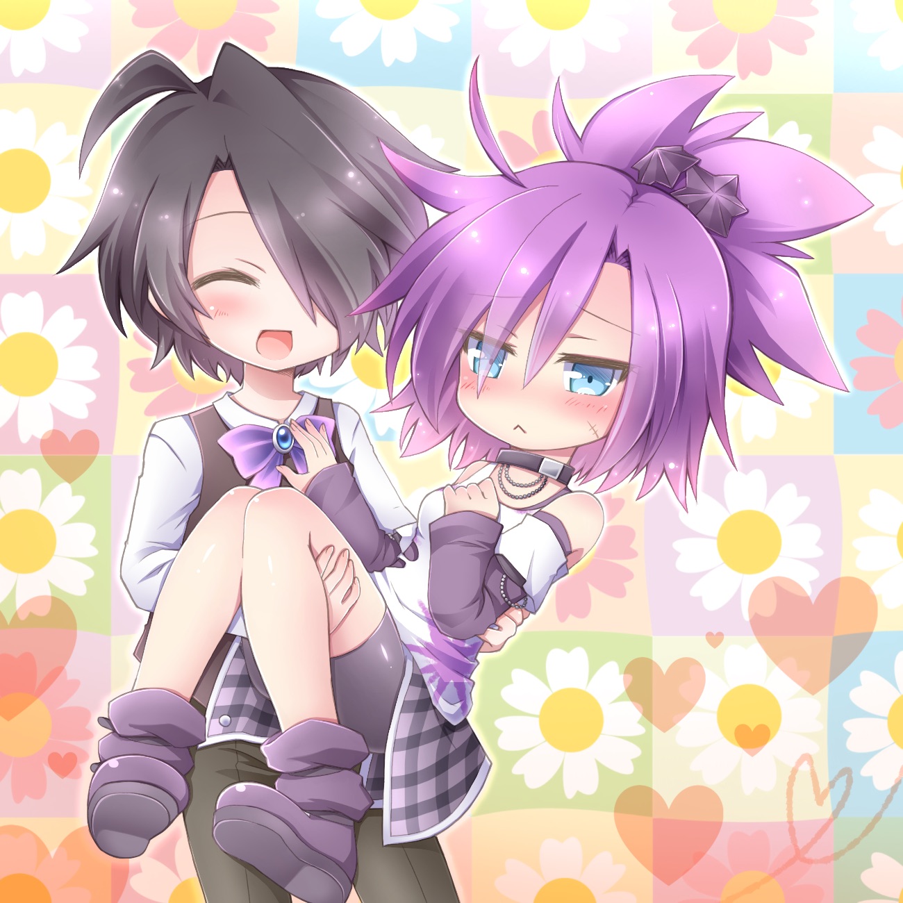 urchin alma, emil chronicle online, highres, 1boy, 1girl, ahoge, bead necklace, beads, bike shorts, black collar, black hair, black pants, black sleeves, blue eyes, blush, boots, carrying, clothing cutout, collar, embarrassed, floral background, guillosno6, hair over one eye, jewelry, necklace, open mouth, pants, ponytail, princess carry, purple boots, purple hair, raised inner eyebrows, scar, scar on face, shirt, shoulder cutout, showgirl skirt, smile, spiked hair, white shirt