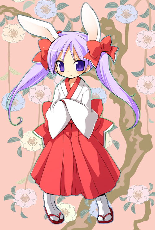 kamiyoshi rika, hiiragi kagami, lucky star, 00s, 1girl, animal ears, female focus, hakama, hakama skirt, japanese clothes, long hair, miko, purple eyes, purple hair, rabbit ears, red hakama, skirt, solo, twintails