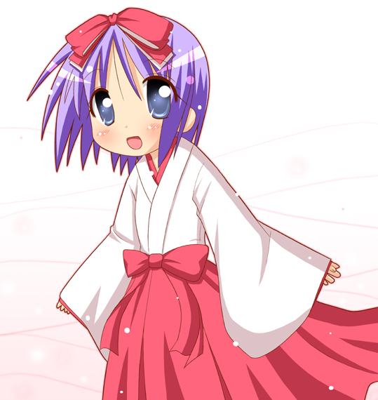 minami (colorful palette), hiiragi tsukasa, lucky star, 00s, 1girl, blue eyes, female focus, hair ribbon, hakama, hakama skirt, japanese clothes, miko, purple hair, red hakama, ribbon, short hair, skirt, solo