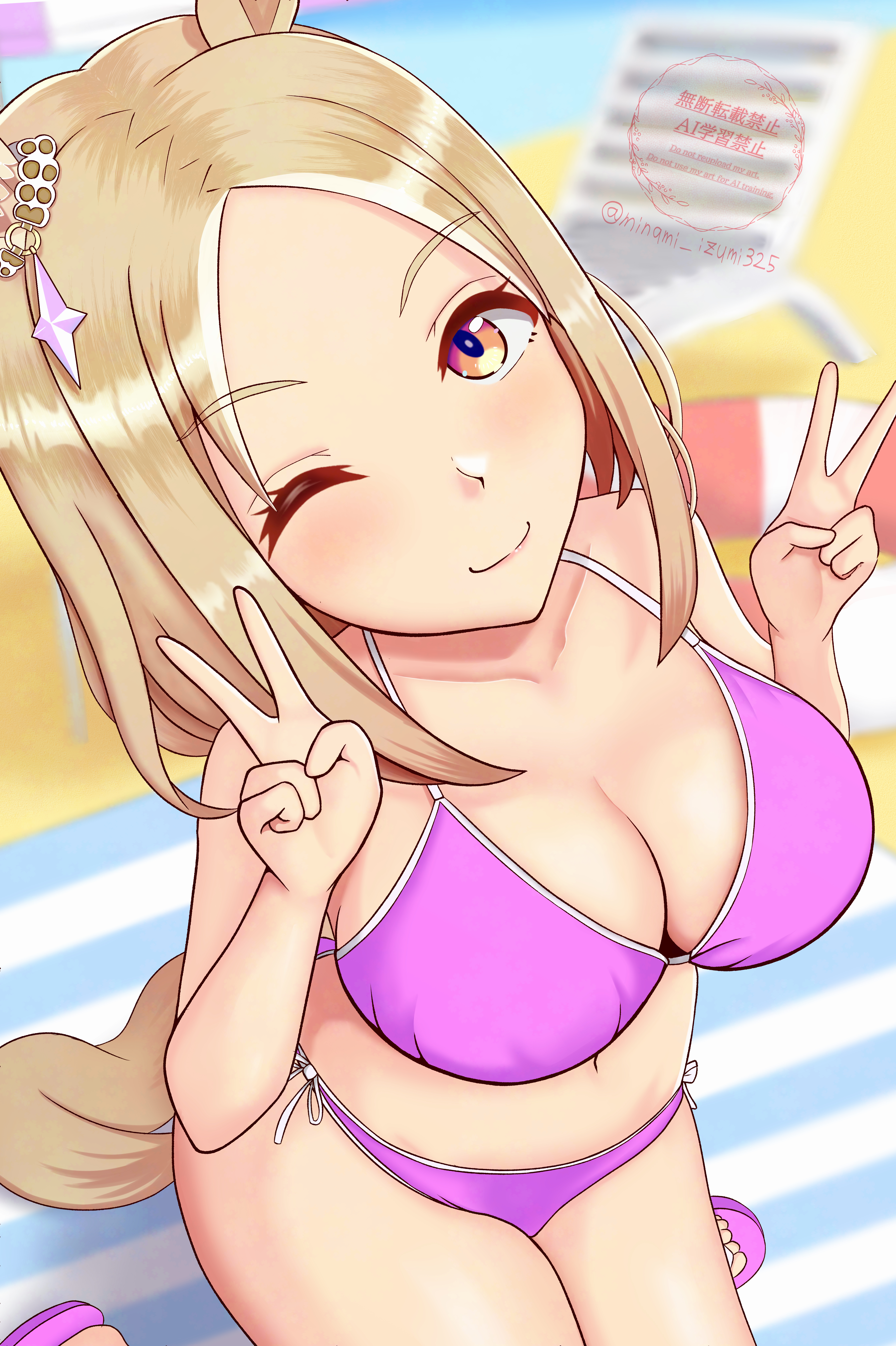 minami izumi325, narita top road (umamusume), umamusume, absurdres, commentary request, highres, 1girl, alternate costume, beach towel, bikini, blonde hair, blush, breasts, cleavage, day, double v, from above, gradient eyes, large breasts, long hair, multicolored eyes, navel, one eye closed, outdoors, pink bikini, sand, sandals, side-tie bikini bottom, sitting, smile, solo, stomach, swimsuit, towel, v, wariza, watermark