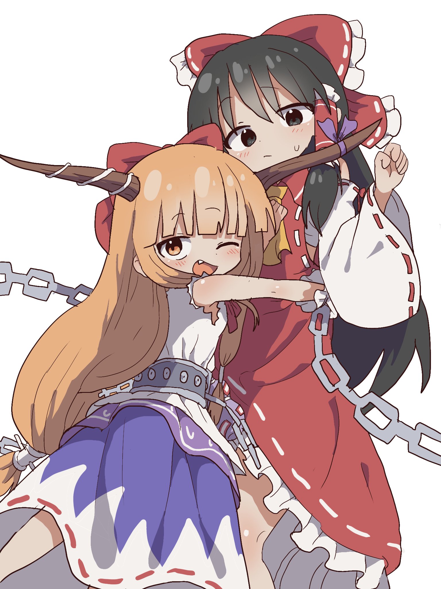 magg (user mtca8588), hakurei reimu, ibuki suika, touhou, hashtag-only commentary, highres, 2girls, :d, arm up, ascot, black eyes, black hair, bow, chain, detached sleeves, expressionless, fang, feet out of frame, frilled bow, frilled hair tubes, frills, hair bow, hair tubes, horn ornament, horn ribbon, horns, hug, light blush, long hair, looking at viewer, low-tied long hair, multiple girls, oni, open mouth, orange eyes, orange hair, red bow, red shirt, ribbon, shirt, sleeveless, sleeveless shirt, smile, sweatdrop, white background, white sleeves, wide sleeves, yellow ascot