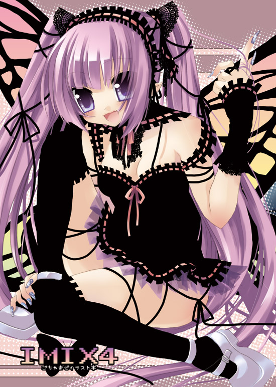 sazaki ichiri, original, 1girl, absurdly long hair, black thighhighs, blue eyes, blunt bangs, bow, elbow gloves, female focus, fingernails, frills, gloves, gothic lolita, kneehighs, lolita fashion, long fingernails, long hair, purple hair, socks, solo, thighhighs, twintails, very long hair