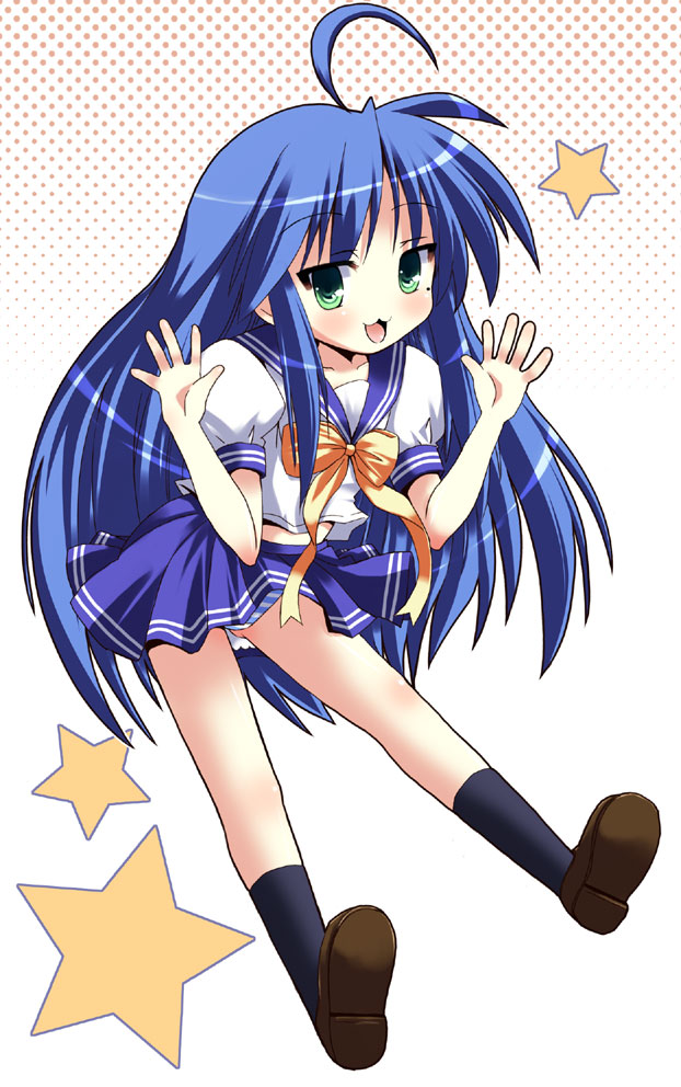 shinshin, izumi konata, lucky star, 00s, 1girl, :3, ahoge, blue hair, female focus, green eyes, long hair, mole, mole under eye, no nose, open mouth, panties, puffy sleeves, school uniform, serafuku, socks, solo, star (symbol), striped clothes, striped panties, underwear