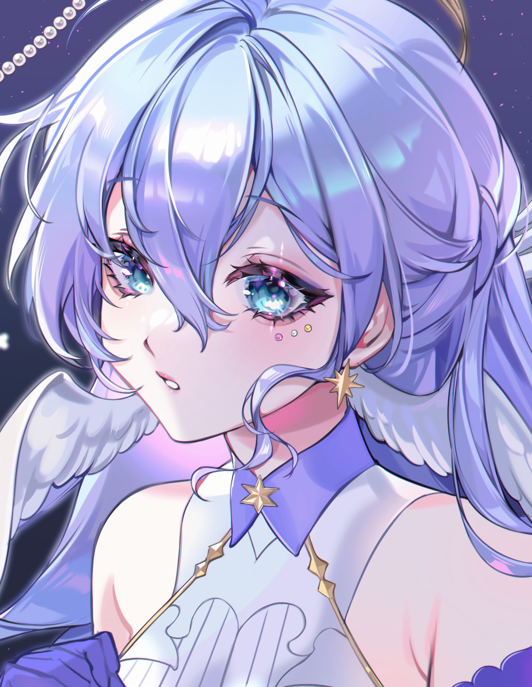 saga666, robin (honkai: star rail), honkai: star rail, honkai (series), commentary, highres, symbol-only commentary, 1girl, aegyo sal, armpit crease, bare shoulders, blue background, blue eyes, blue hair, double-parted bangs, dress, earrings, eyelashes, hair between eyes, head wings, jewel under eye, jewelry, long hair, looking at viewer, parted lips, portrait, solo, star (symbol), star earrings, white dress, white wings, wings