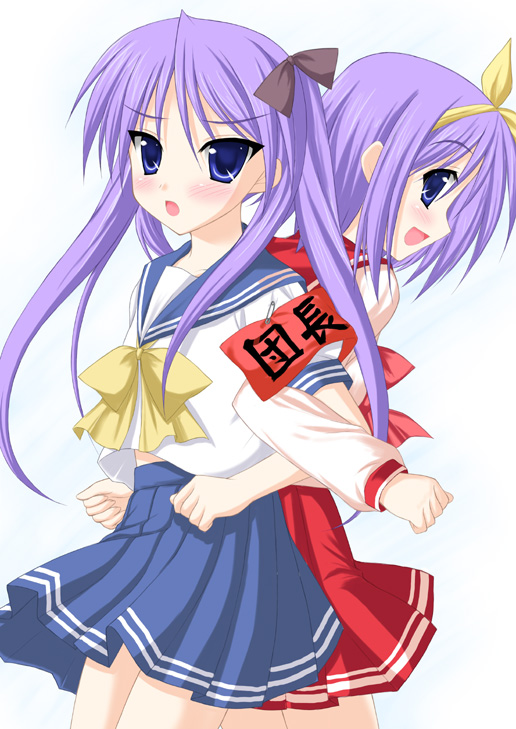 hiiragi kagami, hiiragi tsukasa, lucky star, tagme, 00s, 2girls, back-to-back, multiple girls, school uniform, serafuku, sisters, standing, twins