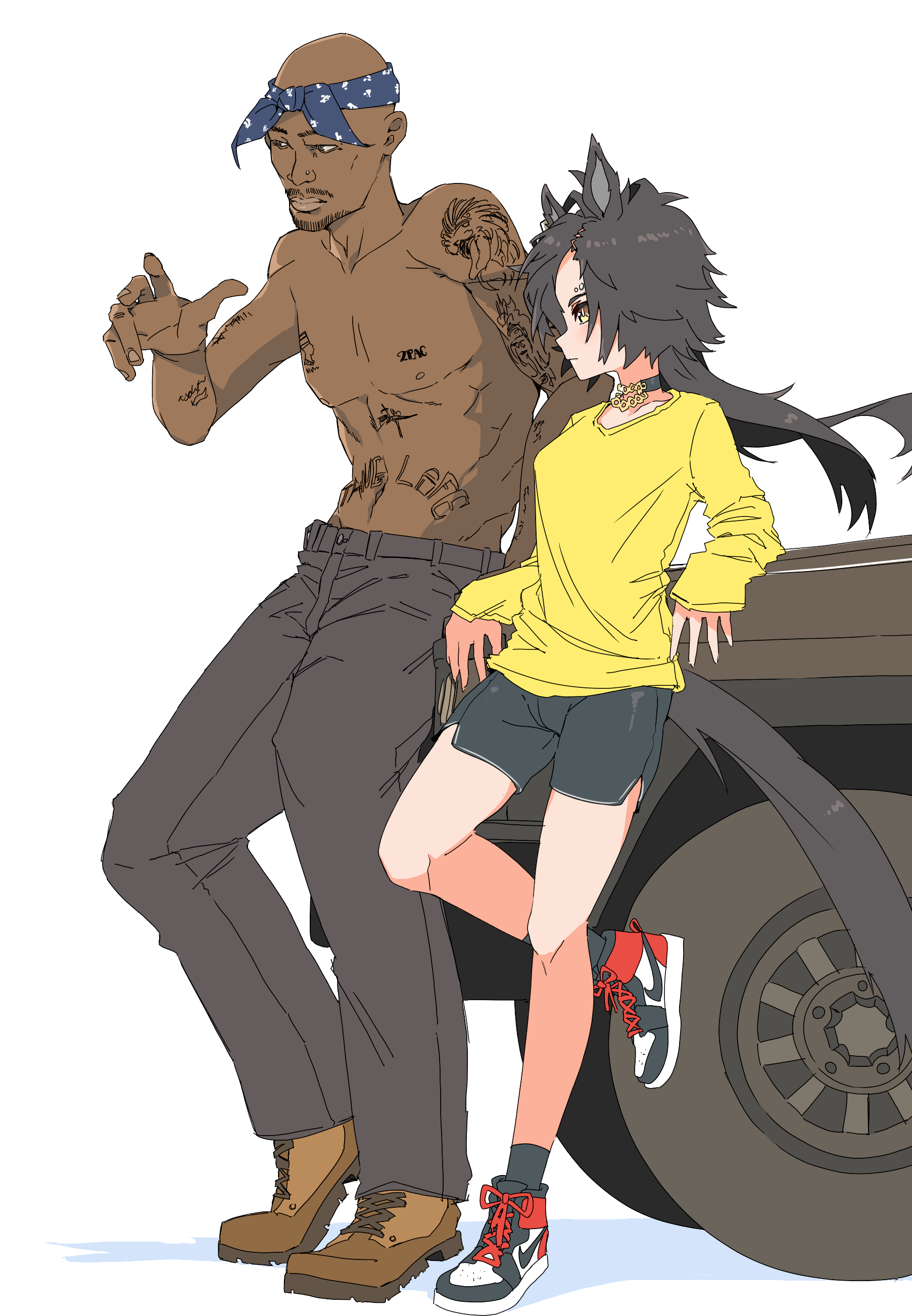 archives.gokulism, air shakur (umamusume), tupac shakur, nike (company), real life, umamusume, absurdres, highres, 1boy, 1girl, animal ears, arm tattoo, bald, bandana, black hair, black pants, black shoes, blue bandana, boots, brown boots, car, dark-skinned male, dark skin, eyebrow piercing, face piercing, facial hair, goatee stubble, horse ears, horse girl, horse tail, long hair, long sleeves, motor vehicle, pants, piercing, shirt, shoes, sneakers, stomach tattoo, stubble, tail, tattoo, white background, yellow eyes, yellow shirt