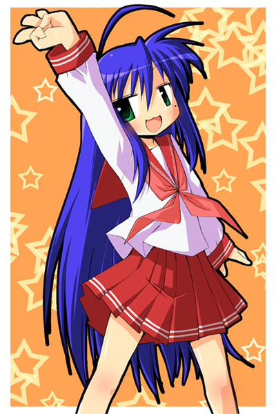 hidaka makoto, izumi konata, lucky star, striped, 00s, 1girl, :d, ahoge, blue hair, blush, border, female focus, green eyes, long sleeves, looking at viewer, mole, mole under eye, open mouth, pleated skirt, red skirt, sailor collar, school uniform, serafuku, skirt, smile, solo, standing, vertical stripes