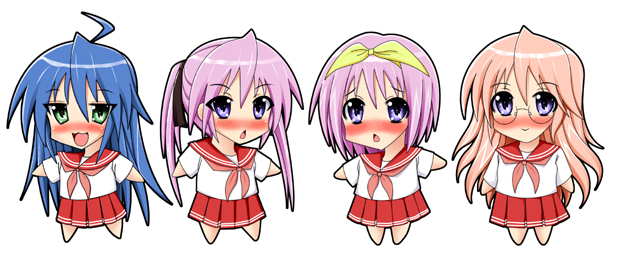 hiiragi kagami, hiiragi tsukasa, izumi konata, takara miyuki, lucky star, 00s, 4girls, chibi, glasses, multiple girls, school uniform, serafuku, sisters, standing, twins