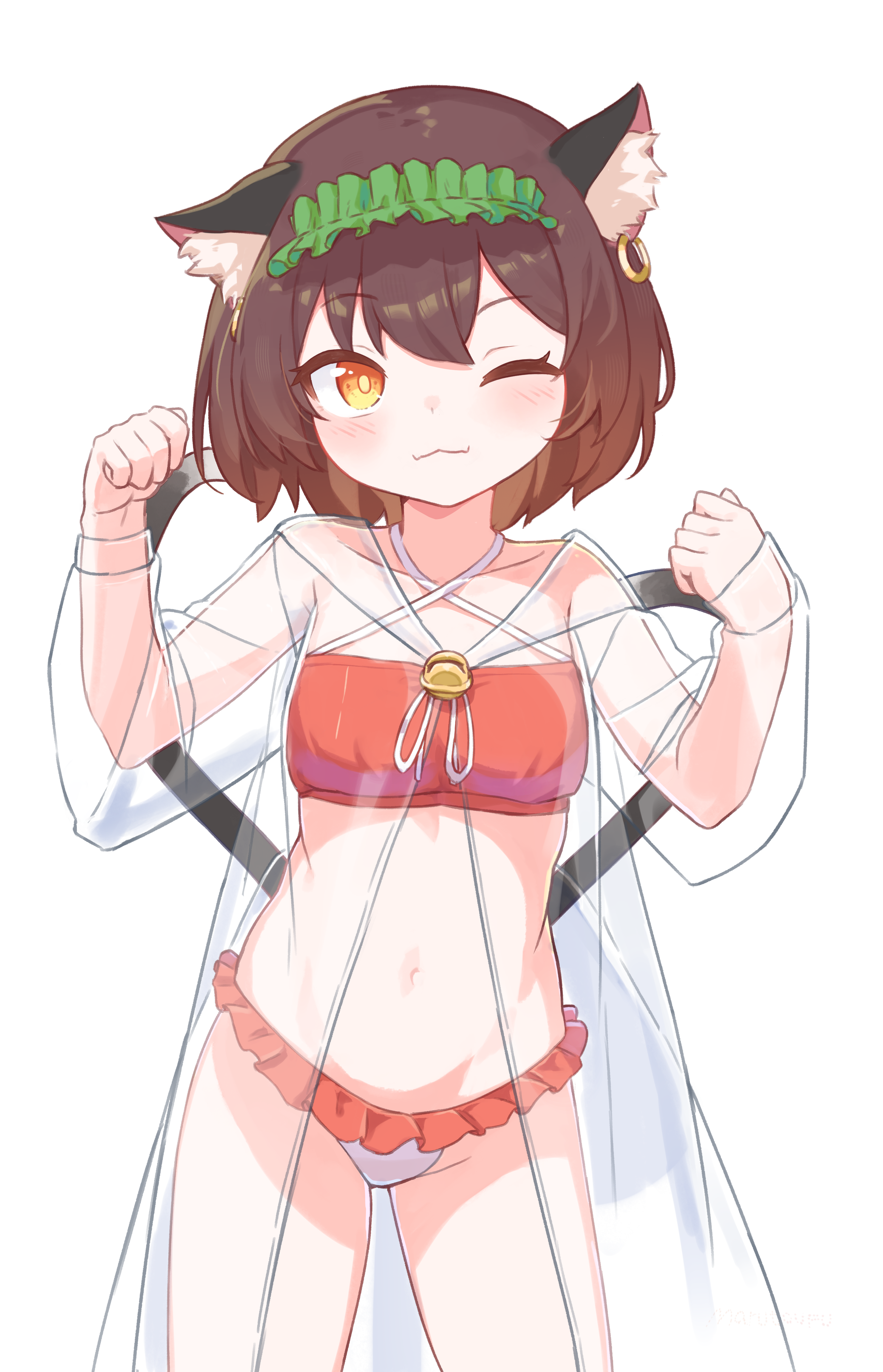 chen, touhou, absurdres, commentary request, highres, 1girl, :3, alternate costume, alternate headwear, animal ear fluff, animal ear piercing, animal ears, bell, blush, breasts, bright pupils, brown eyes, brown hair, cat ears, cat tail, closed mouth, contrapposto, cowboy shot, dot nose, double-parted bangs, dress, earrings, fangs, frills, hands up, jewelry, jingle bell, looking at viewer, marutoufu, multiple tails, navel, nekomata, one eye closed, paw pose, see-through clothes, see-through dress, short hair, single earring, skin fangs, small breasts, solo, swimsuit, tail, two tails