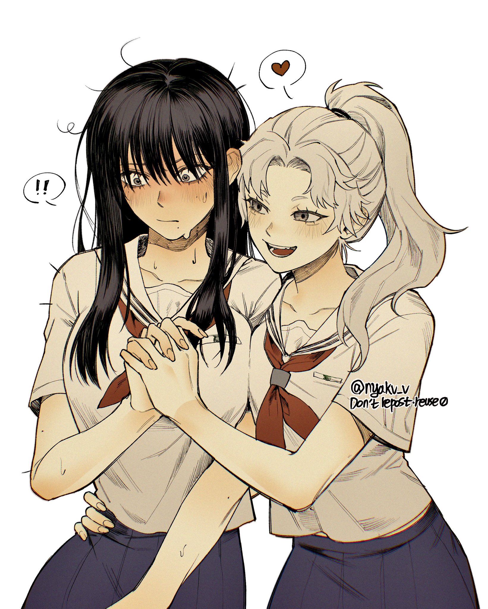indou hikaru, tsujinaka yoshiki, hikaru ga shinda natsu, commentary, hashtag-only commentary, highres, !, 2girls, black hair, blue skirt, blush, closed mouth, grey eyes, hand on another's waist, heart, heart-shaped pupils, holding hands, interlocked fingers, long hair, mole, mole under mouth, multiple girls, neckerchief, nyakv v, open mouth, pleated skirt, red neckerchief, school uniform, serafuku, shirt, simple background, skirt, smile, spoken exclamation mark, spoken heart, sweat, symbol-shaped pupils, white background, white shirt, yuri