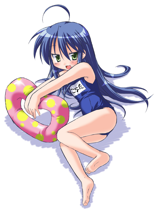 akari ryuryuwa, izumi konata, lucky star, 00s, 1girl, barefoot, feet, female focus, flat chest, innertube, mole, mole under eye, name tag, one-piece swimsuit, school swimsuit, solo, swim ring, swimsuit