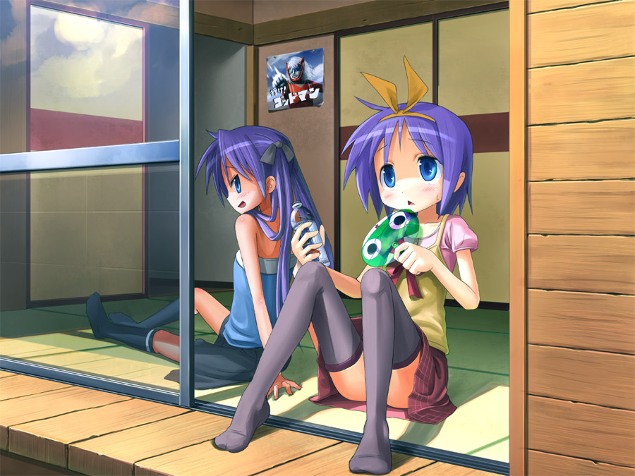 patorishia, patricia (stylish marunage), godman, hiiragi kagami, hiiragi tsukasa, keroro, go! godman, lucky star, toho, 00s, 2girls, :<, blue eyes, blush, bottle, cameo, censored, convenient censoring, convenient leg, hand fan, kaijin, legs up, looking back, miniskirt, multiple girls, paper fan, porch, poster (medium), poster (object), purple hair, seijin, siblings, sisters, sitting, skirt, sweatdrop, tatami, thighhighs, triangle mouth, twins, uchiwa, veranda, water bottle