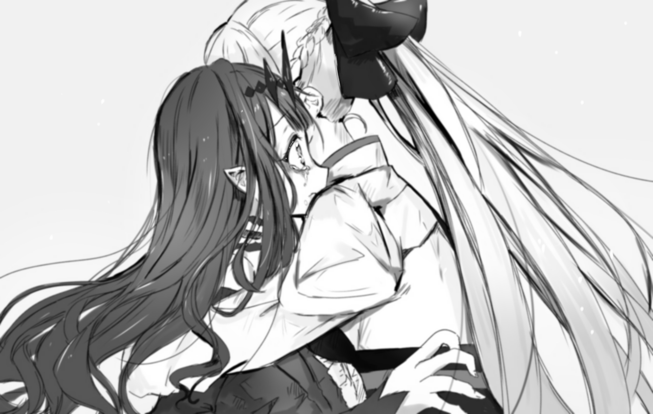 ameshiki, baobhan sith (fate), baobhan sith (first ascension) (fate), morgan le fay (fate), morgan le fay (first ascension) (fate), fate/grand order, fate (series), 2girls, black bow, bow, braid, hair between eyes, hair bow, half up braid, hug, long hair, long sleeves, monochrome, mother and daughter, multiple girls, pointy ears, ponytail, simple background, tears, very long hair