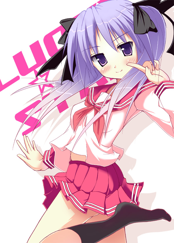 ayase hikaru, hiiragi kagami, lucky star, 00s, 1girl, black socks, female focus, kneehighs, leg up, long sleeves, looking at viewer, neckerchief, pink neckerchief, sailor collar, school uniform, serafuku, shirt, simple background, socks, solo, standing, standing on one leg, white background, white shirt