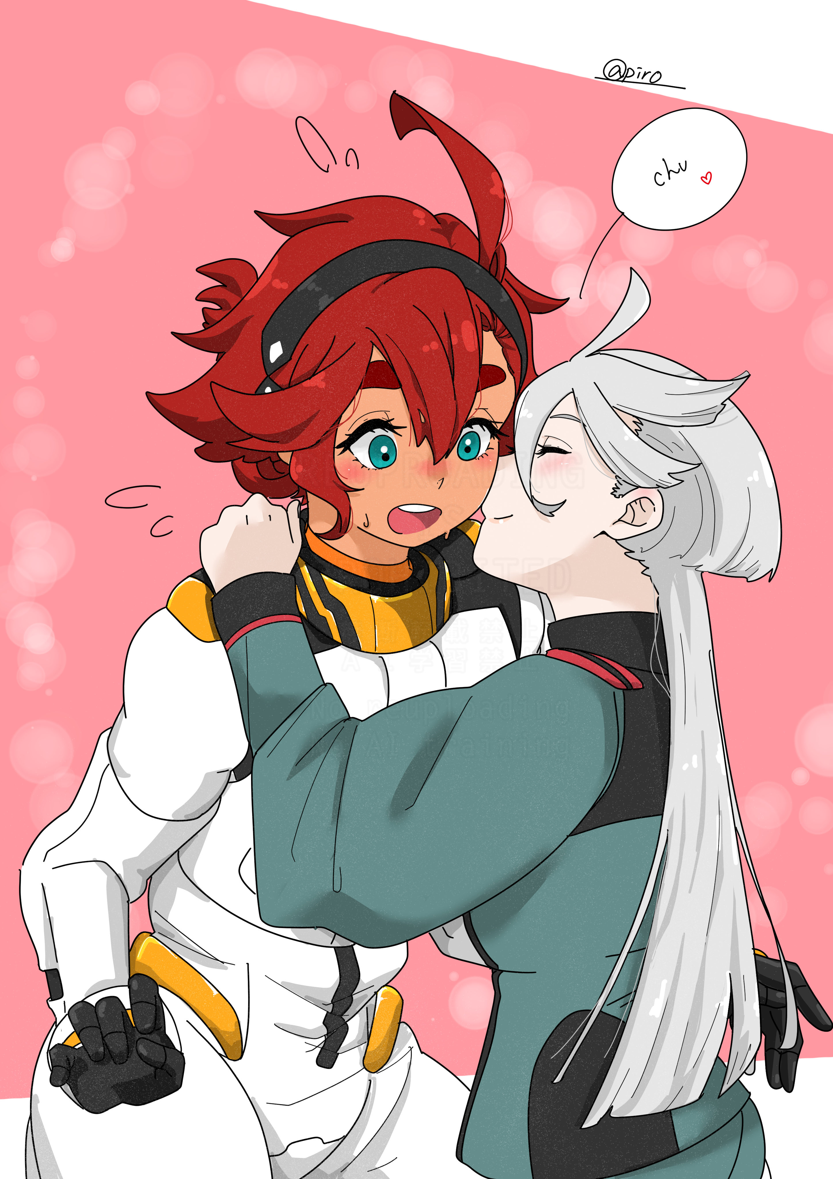 miorine rembran, suletta mercury, gundam, gundam suisei no majo, absurdres, commentary, highres, symbol-only commentary, 2girls, 715piro gon, asticassia school uniform, black gloves, black hairband, blue eyes, blush, closed eyes, closed mouth, dark-skinned female, dark skin, gloves, green jacket, hairband, jacket, kiss, kissing cheek, long hair, multiple girls, open mouth, pink background, red hair, school uniform, smile, spacesuit, speech bubble, thick eyebrows, white hair, yuri