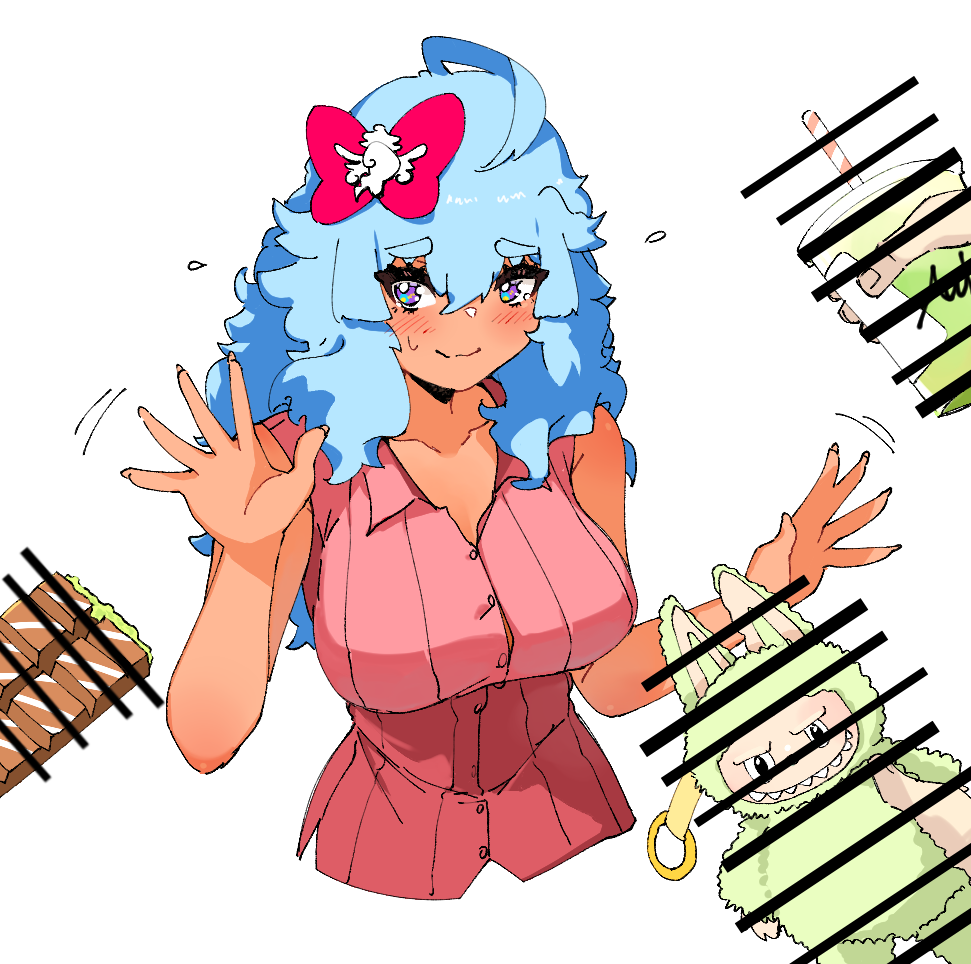 archives.gokulism, labubu, original, 1girl, 2others, bar censor, blue hair, bow, candy, censored, chocolate, chocolate bar, cup, dark-skinned female, dark skin, disposable cup, drink, drinking straw, dubai chocolate, flying sweatdrops, food, hair bow, long hair, matcha (food), multiple others, pink bow, pink shirt, purple eyes, shirt, sleeveless, sleeveless shirt, sweat, white background