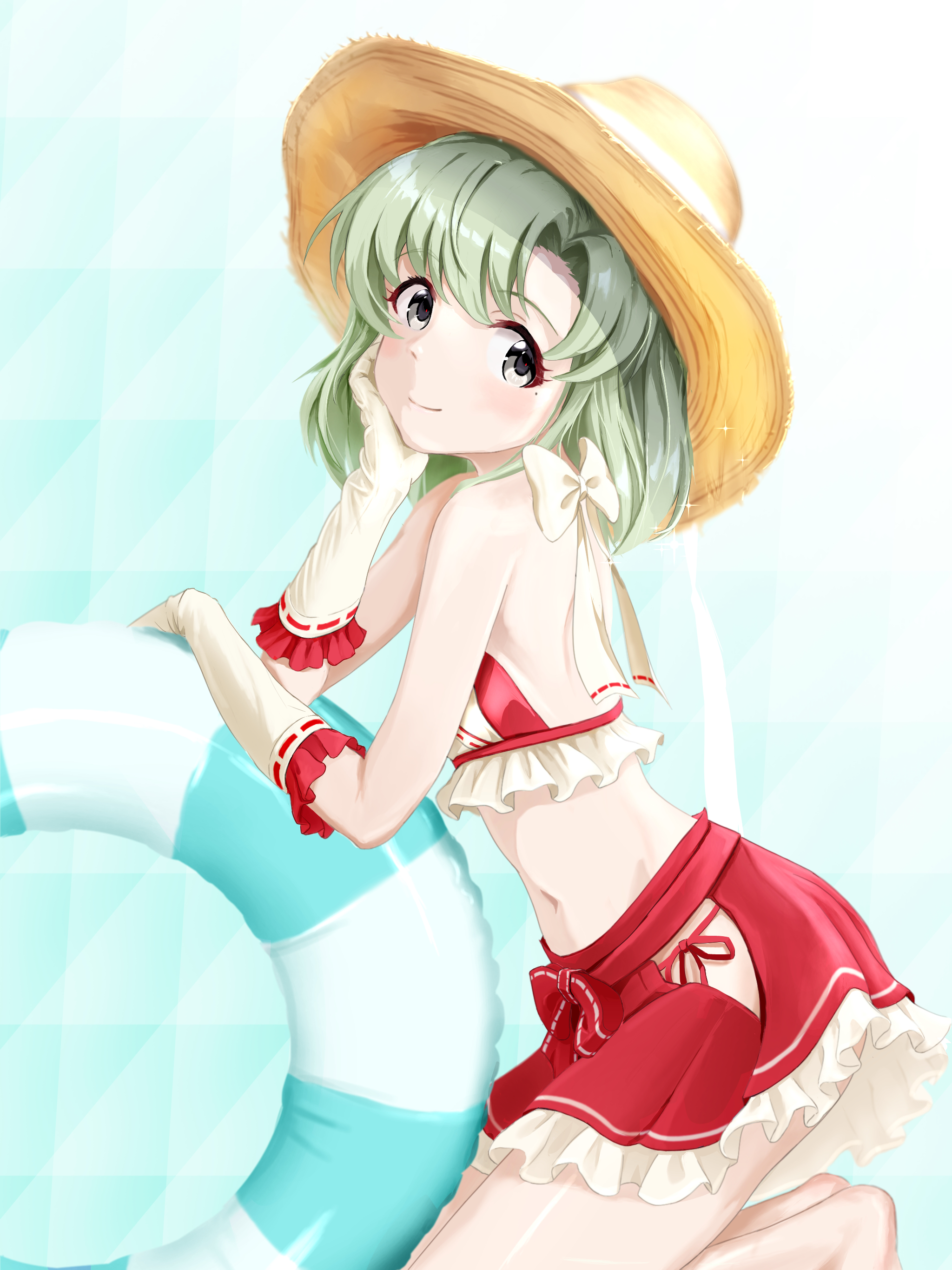 seibunchou (kxvs8474), shiika (idolmaster), idolmaster, idolmaster million live!, idolmaster starlit season, absurdres, highres, 1girl, bikini, bikini skirt, blush, gloves, green eyes, grey eyes, hat, head rest, innertube, light smile, looking at viewer, red skirt, short hair, skirt, solo, straw hat, swim ring, swimsuit, white gloves