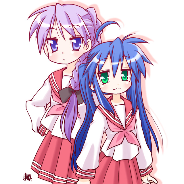 kairakuen umenoka, hiiragi kagami, izumi konata, lucky star, 00s, 2girls, alternate hairstyle, mole, mole under eye, multiple girls, ponytail, school uniform, serafuku, twintails