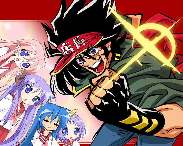 youta, anisawa meito, hiiragi kagami, hiiragi tsukasa, izumi konata, takara miyuki, anime tenchou, lucky star, 00s, 1boy, 4girls, :o, black gloves, clenched hand, crazy eyes, fingerless gloves, gloves, looking at viewer, mole, mole under eye, multiple girls, open mouth, pink hair, purple eyes, sailor collar, school uniform, serafuku, siblings, sisters, sparkle, twins, visor cap, wide-eyed