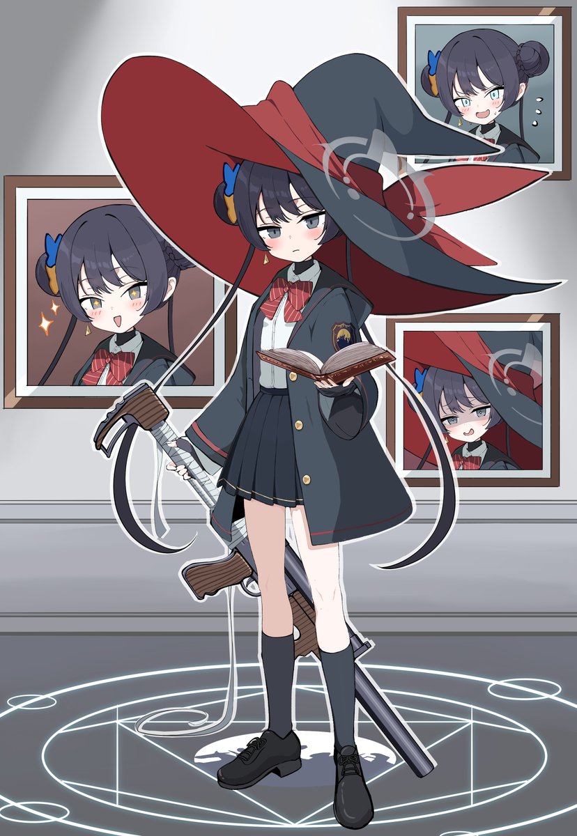 tsetainsu, eri (blue archive), kisaki (blue archive), blue archive, commentary request, highres, + +, 1girl, alternate costume, black coat, black eyes, black gloves, black hair, black shirt, black shoes, black skirt, black socks, book, bow, bowtie, butterfly hair ornament, coat, collared shirt, cosplay, cs/ls06, double bun, dual wielding, earrings, eri (blue archive) (cosplay), expression chart, flying sweatdrops, full body, gloves, grey halo, gun, hair between eyes, hair bun, hair ornament, halo, hat, holding, holding book, holding gun, holding weapon, hood, hooded coat, jewelry, kneehighs, long hair, long sleeves, looking at viewer, magic circle, multiple expressions, open clothes, open coat, pleated skirt, red bow, red bowtie, school uniform, shaded face, shirt, shoes, sidelocks, skirt, socks, solo, sparkle, sparkling eyes, standing, sweatdrop, tachi-e, turtleneck, turtleneck shirt, twintails, weapon, white shirt, witch hat